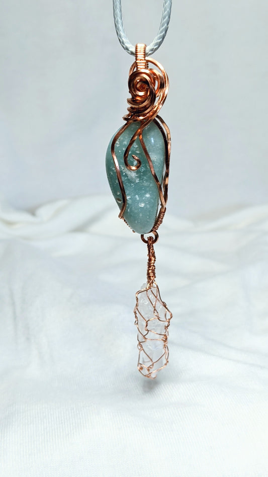 Hand Wrapped Blue Caribbean Tumble with Clear Quartz Dangle