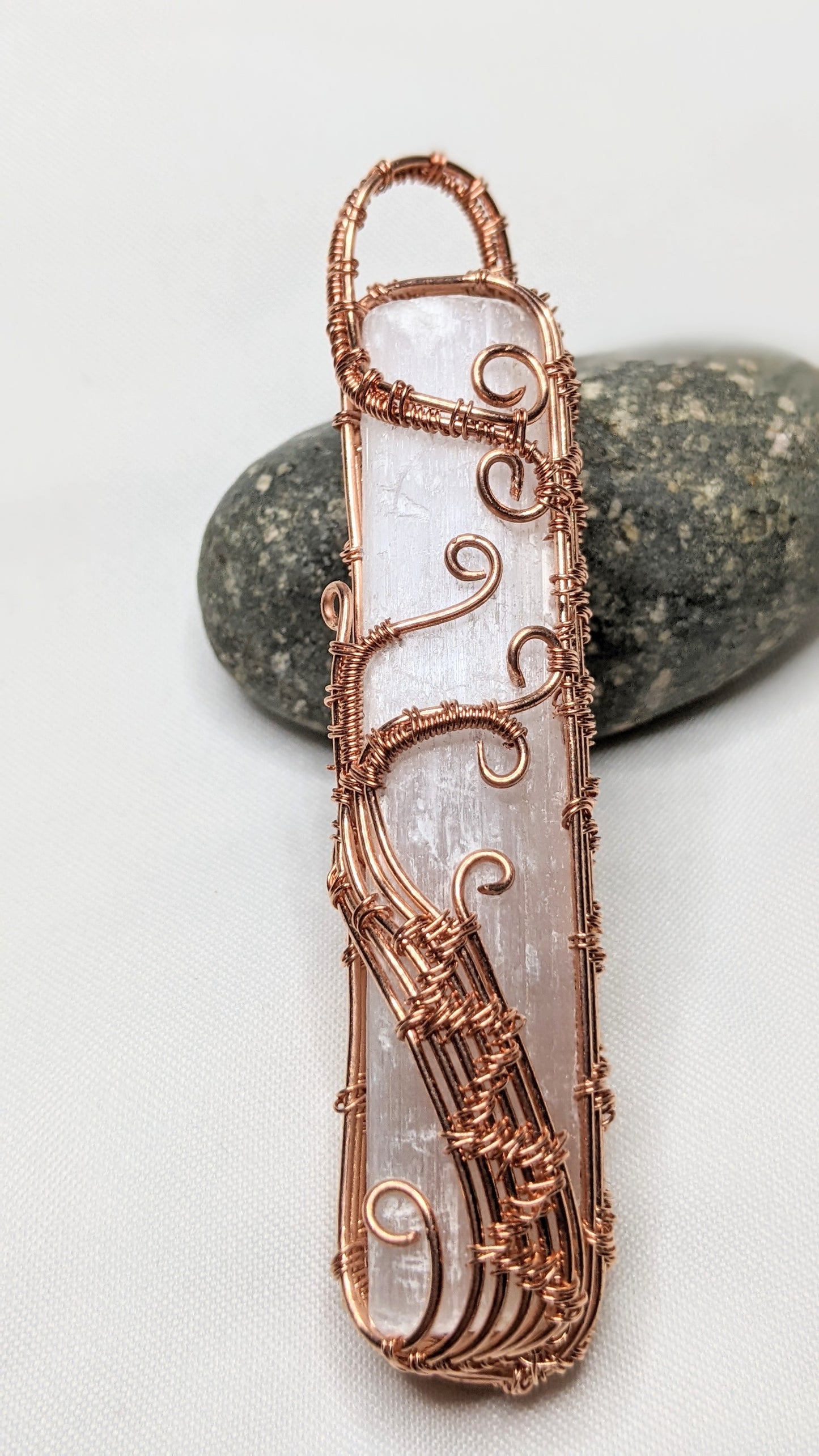 Satin Spar Pendant With Decorative Woven Design Copper Frame