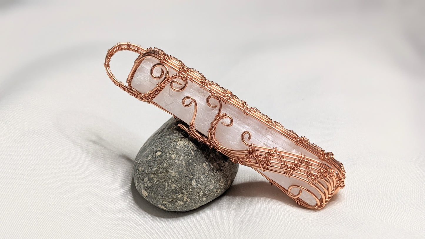 Satin Spar Pendant With Decorative Woven Design Copper Frame